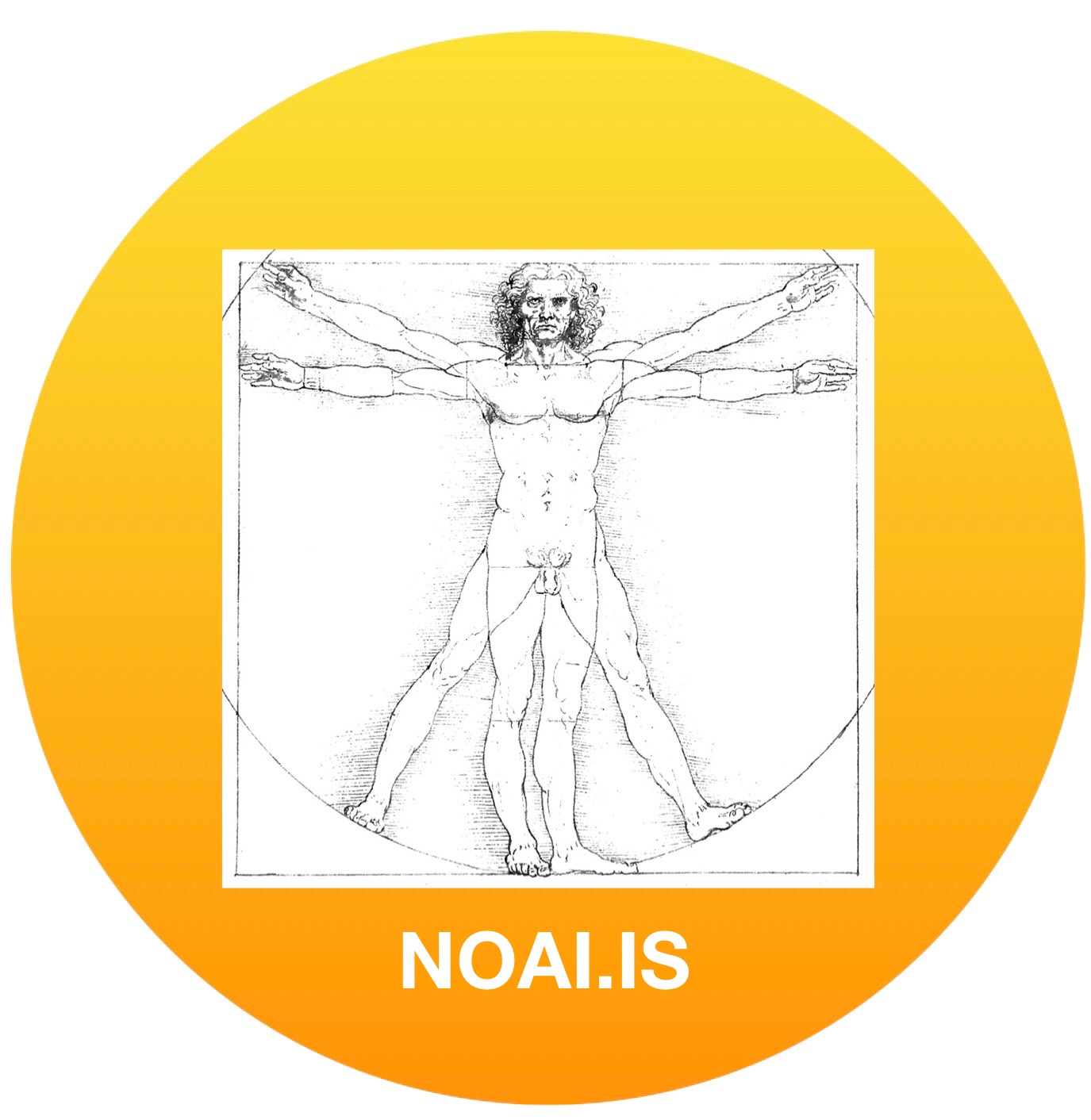 Main image on website NOAI; DaVinci's Vitruvian Man over orange gradiant circle
